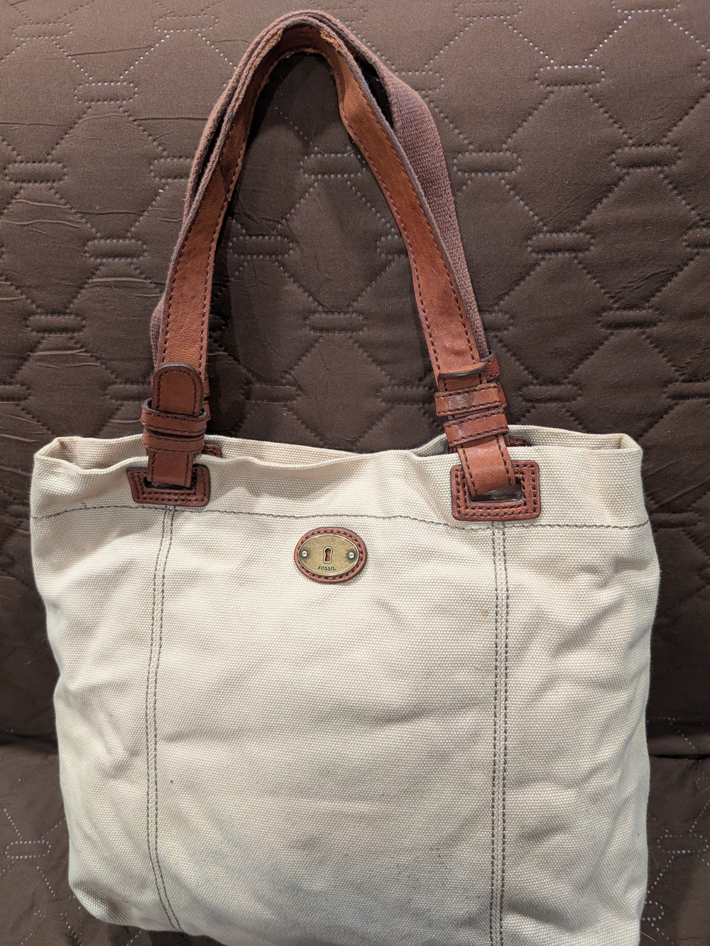 Fossil Vintage Cream Canvas Tote with Brown Leather Handles